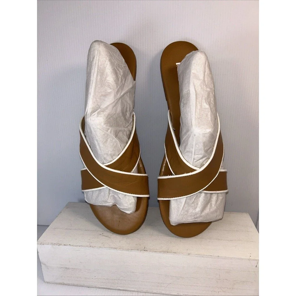 Women's Tkees Sloan Criss Cross Cognac Brown Leather slip on slide sandal sz 10